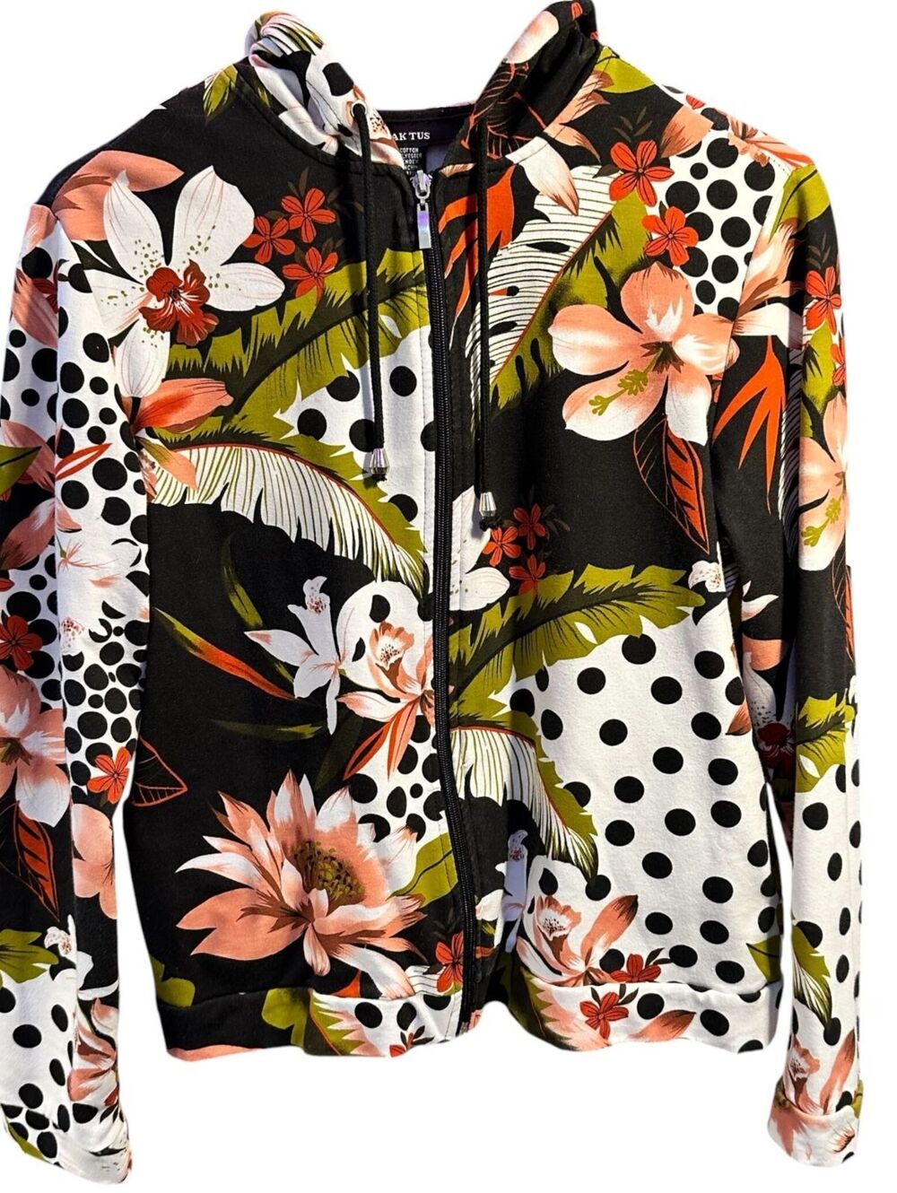 Kaktus M Hoodie Black Tropical Floral Polka Dot Boho Resort Full Zip Stretch